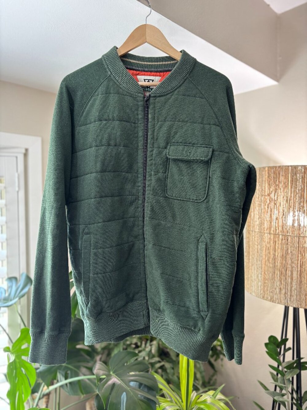 Vissla Men's Quilted Cotton Bomber Jacket Forest Green Orange Lining Size Large